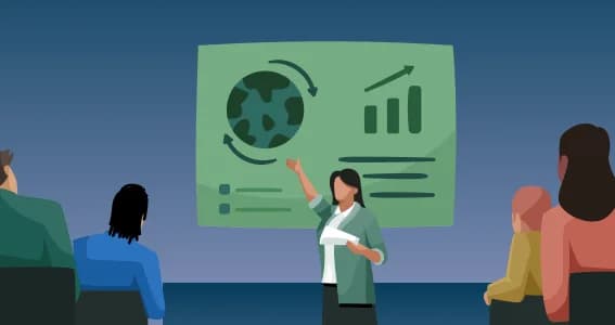 Events illustration showing people in a room watching a presentation on a screen displaying global climate trends